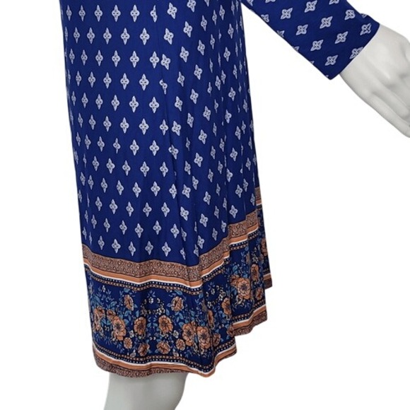 Loveappella Blue Patterned Long Sleeve Criss Cross‎ Open Back Dress - Picture 6 of 12